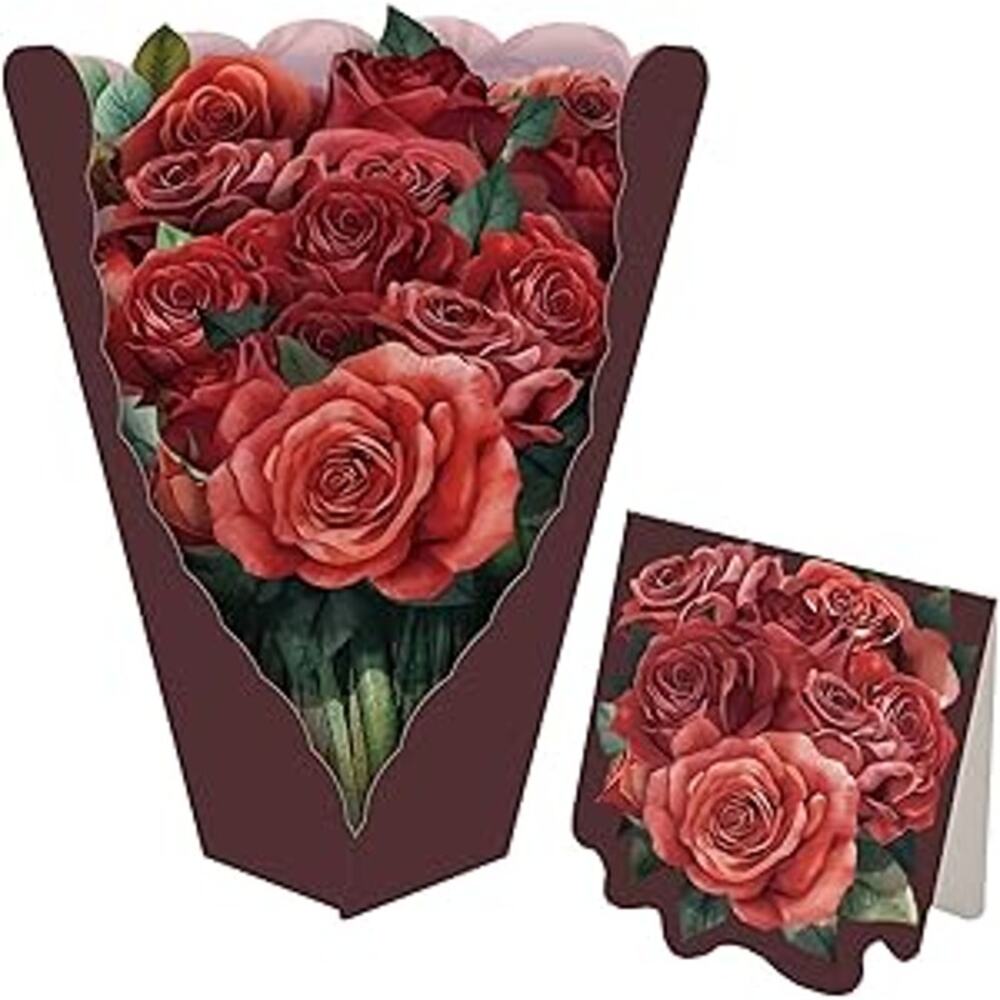 Pop Up 3D Red Roses Bouquet Birthday Anniversary Congrats any Occasion Card